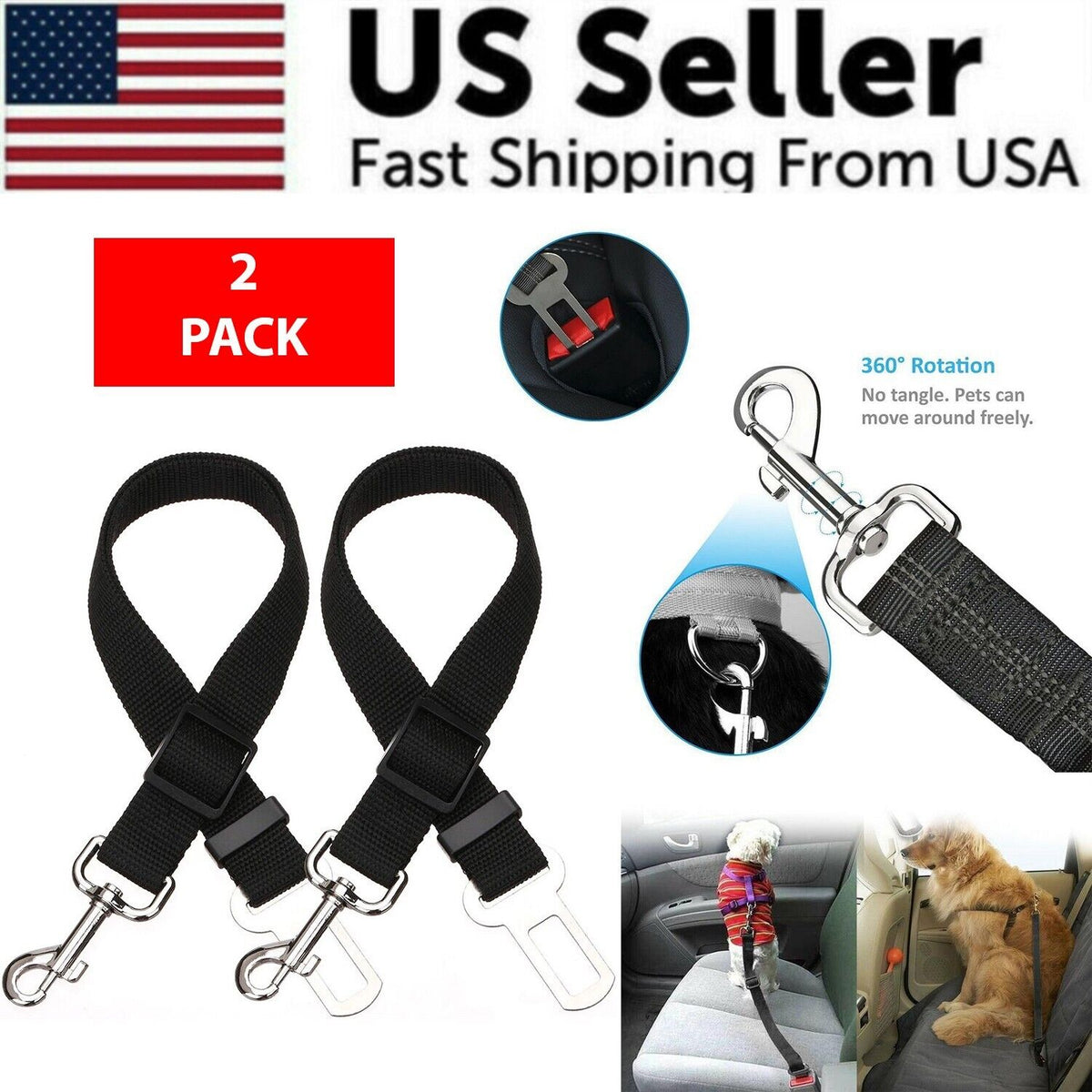 2-Pack Pet Car Seatbelt — Adjustable Safety Harness Lead